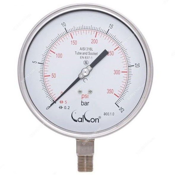 Calcon Pressure Gauge, CC20A, 160MM, 1/2 Inch, NPT, 0-25 Bar
