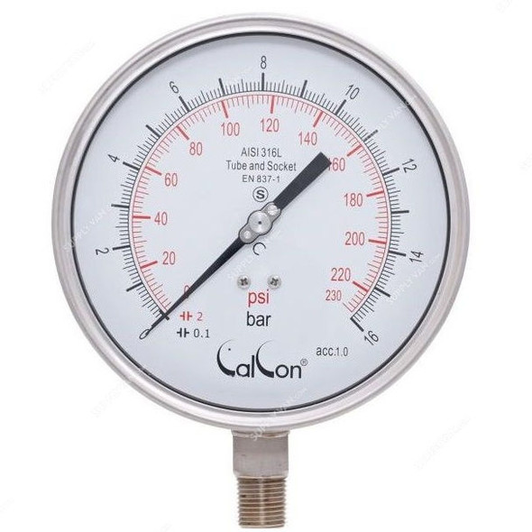 Calcon Pressure Gauge, CC20A, 160MM, 1/2 Inch, NPT, 0-16 Bar
