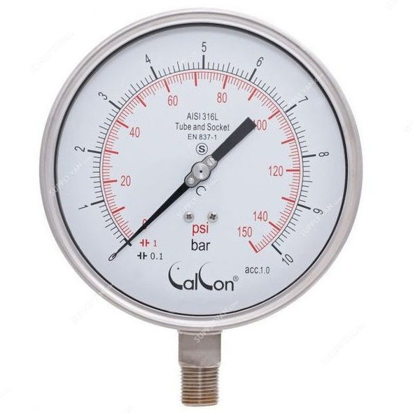 Calcon Pressure Gauge, CC20A, 160MM, 1/2 Inch, NPT, 0-10 Bar