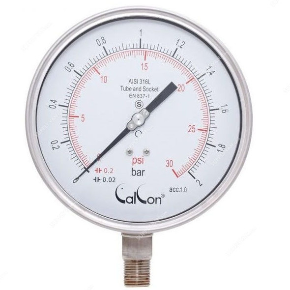 Calcon Pressure Gauge, CC20A, 160MM, 1/2 Inch, NPT, 0-2 Bar