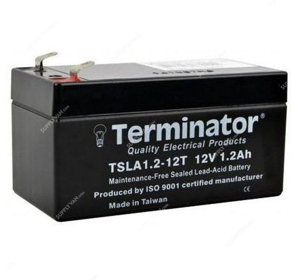 Terminator Rechargeable Sealed Lead Acid Battery, TSLA-1-2-12T, 12V, 1.2Ah