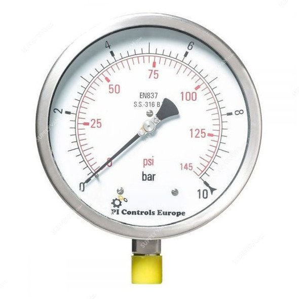 PI Controls Pressure Gauge, PG-150-R10-WF-SS, 150MM, 0-10 Bar