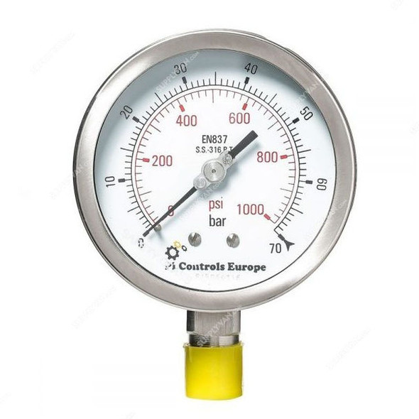 PI Controls Pressure Gauge, PG-100-R70-WF-SS, 100MM, 0-70 Bar