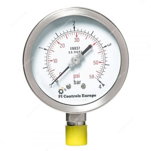 PI Controls Pressure Gauge, PG-100-R4-WF-SS, 100MM, 0-4 Bar