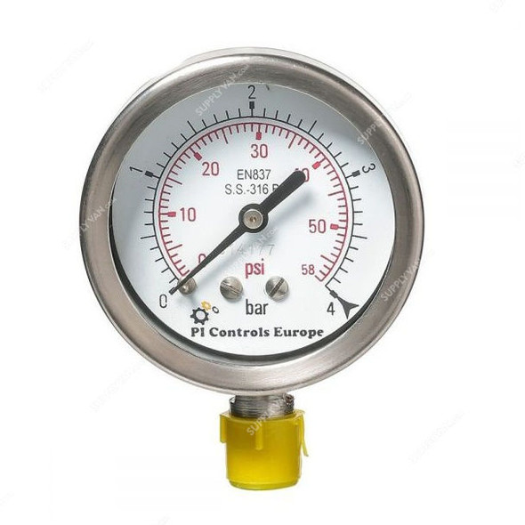 PI Controls Pressure Gauge, PG-63-R4-WF-SS, 63MM, 0-4 Bar