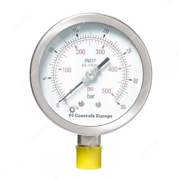 PI Controls Pressure Gauge, PG-100-R35-WF-SS, 100MM, 0-35 Bar