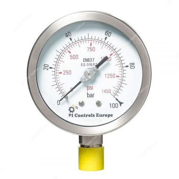 PI Controls Pressure Gauge, PG-63-R16-WF-SS, 100MM, 0-100 Bar