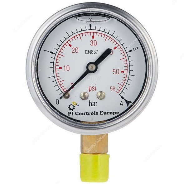 PI Controls Pressure Gauge, PG-63-R4-GF-BR, 63MM, 1/4 Inch, MNPT, 0-4 Bar