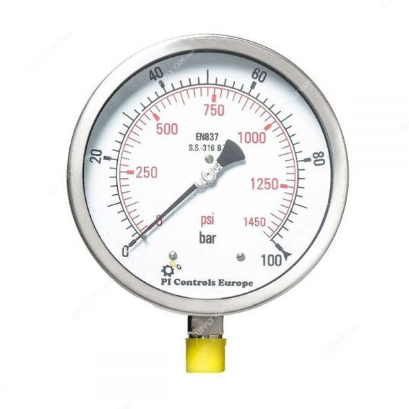 PI Controls Pressure Gauge, PG-150-R100-WF-SS, 150MM, 0-100 Bar