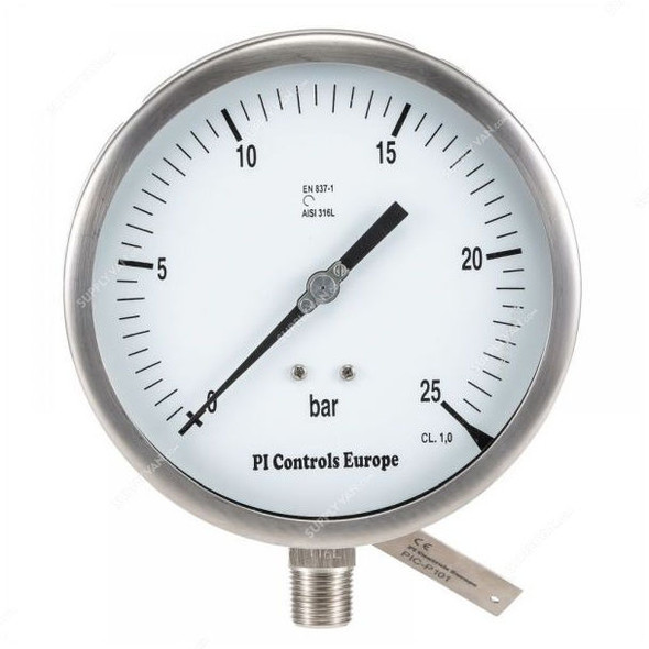 PI Controls Pressure Gauge, PG-150-R25-WF-SS, 150MM, 0-25 Bar