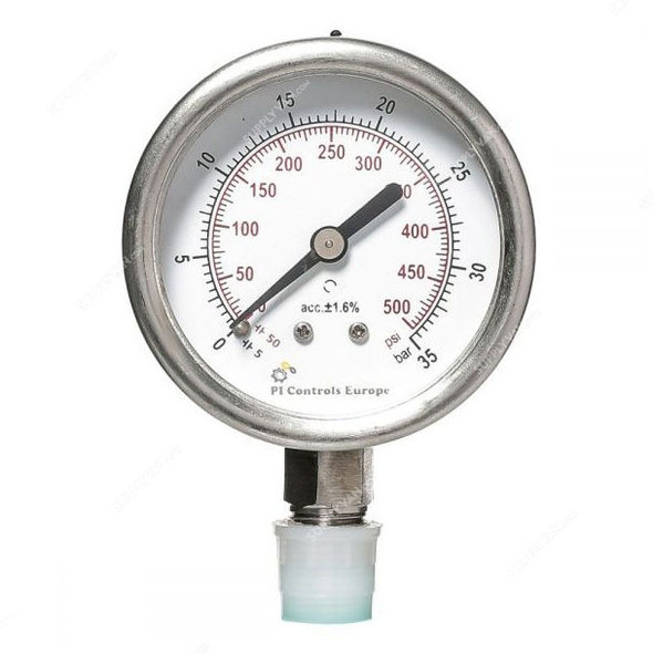 PI Controls Pressure Gauge, PG-63-R35-WF-SS, 63MM, 0-35 Bar