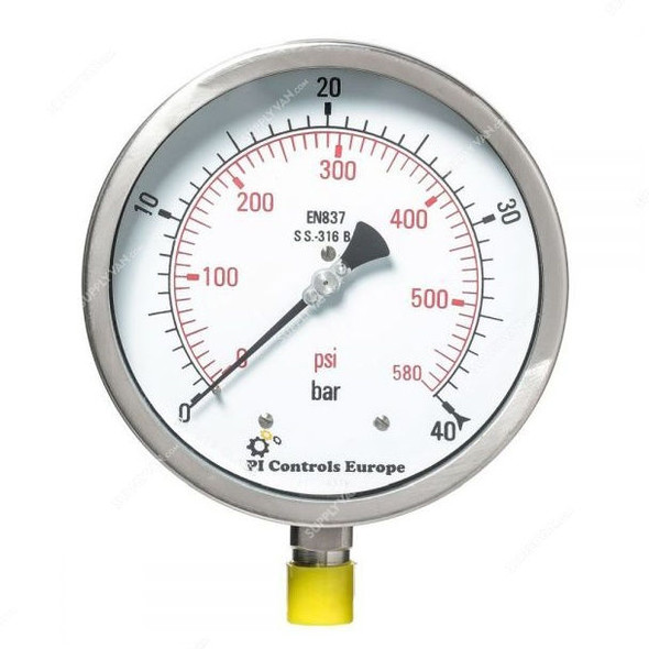 PI Controls Pressure Gauge, PG-150-R40-WF-SS, 150MM, 0-40 Bar