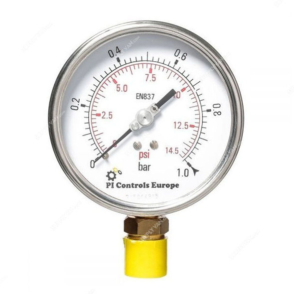 PI Controls Pressure Gauge, PG-100-R1-WL-BR, 100MM, 1/2 Inch, MNPT, 0-1 Bar