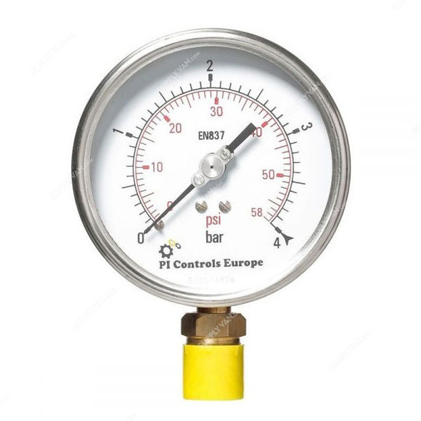 PI Controls Pressure Gauge, PG-100-R4-WF-BR, 100MM, 1/2 Inch, MNPT, 0-4 Bar