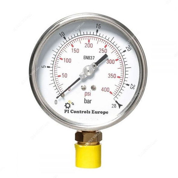 PI Controls Pressure Gauge, PG-100-R28-WF-BR, 100MM, 1/2 Inch, MNPT, 0-28 Bar