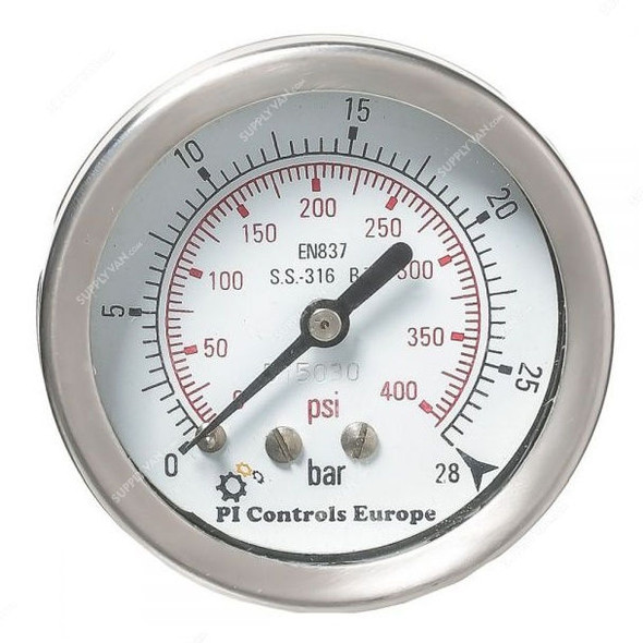 PI Controls Pressure Gauge, PG-63-R28-WF-SS-BK-E, 63MM, 0-28 Bar