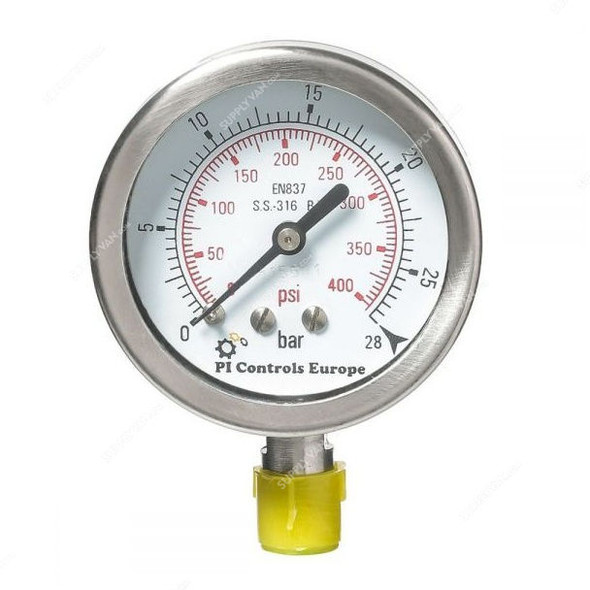PI Controls Pressure Gauge, PG-63-R28-WF-SS, 63MM, 0-28 Bar