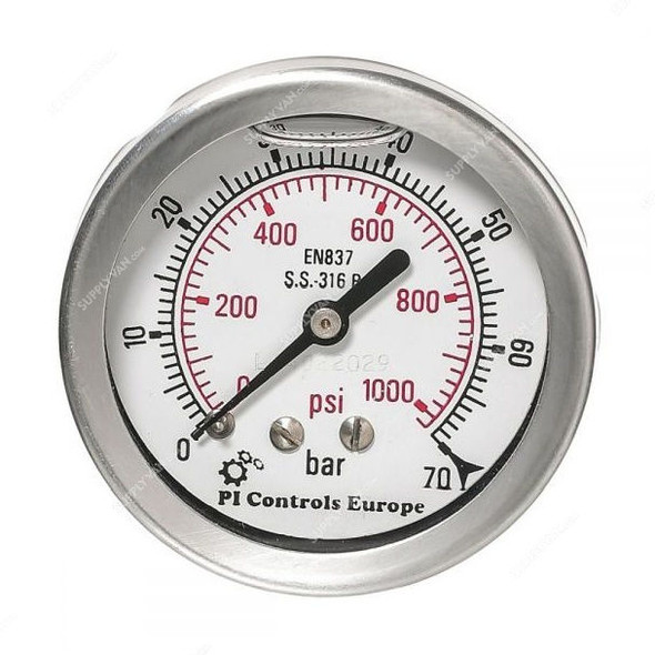PI Controls Pressure Gauge, PG-63-R70-WF-SS-BK-E, 63MM, 0-70 Bar