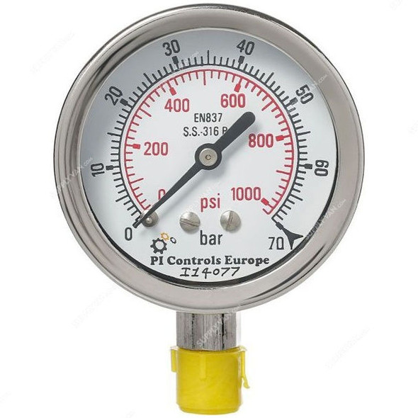 PI Controls Pressure Gauge, PG-63-R70-WF-SS, 63MM, 0-70 Bar