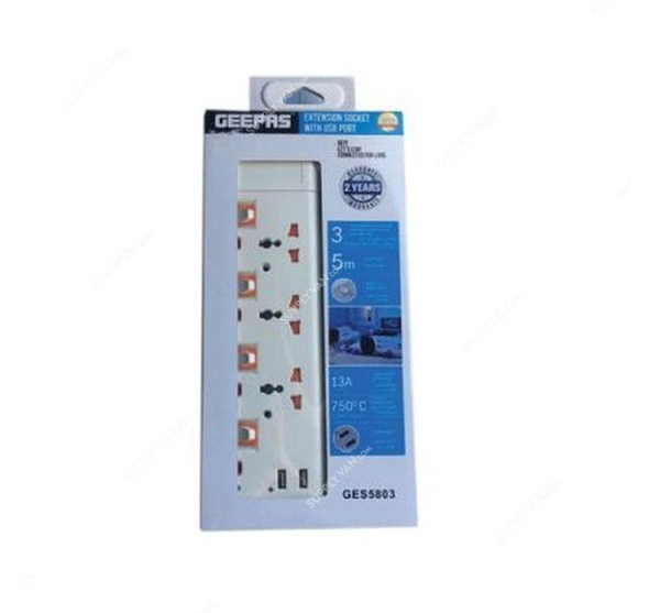 Geepas Extension Socket With Usb Port, GES5803, 3 Gangs, 13A