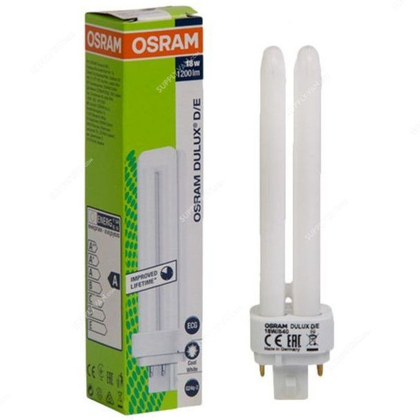 Osram Compact Fluorescent Lamp, Dulux D-E, 18W, Daylight, 6500K