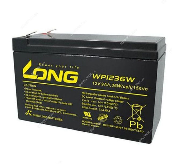 Long Rechargeable Sealed Lead Acid Battery, WP1236W, 12V, 9Ah
