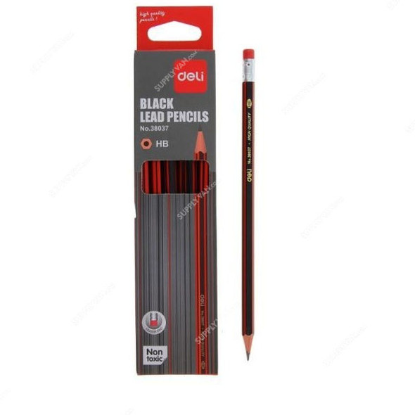 Deli Wooden HB Pencil With Eraser, E38037, Red/Golden, PK12