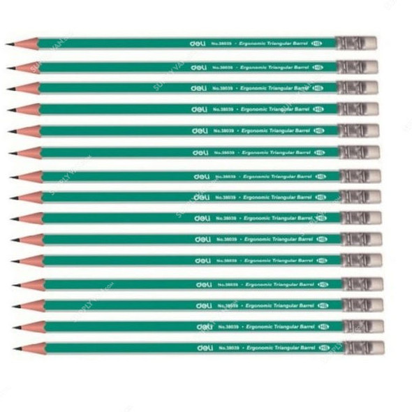 Deli Wooden HB Pencil With Eraser, E38039, Green/Silver, PK12