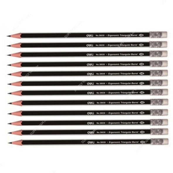 Deli Wooden HB Pencil With Eraser, E38039, Black/Silver, PK12