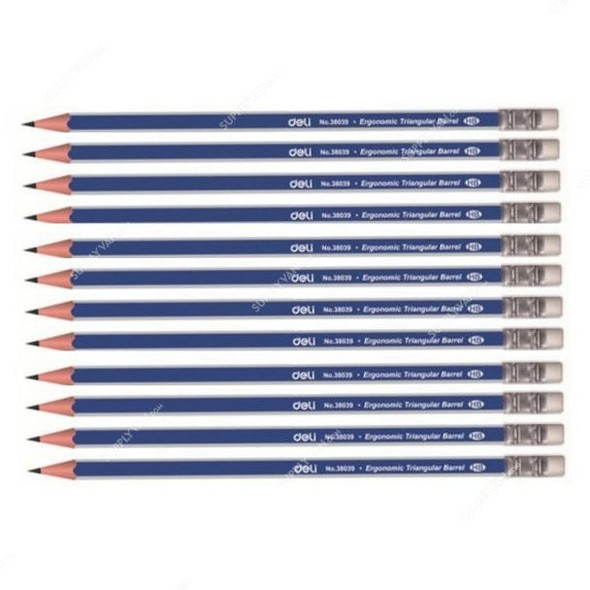 Deli Wooden HB Pencil With Eraser, E38039, Blue/Silver, PK12