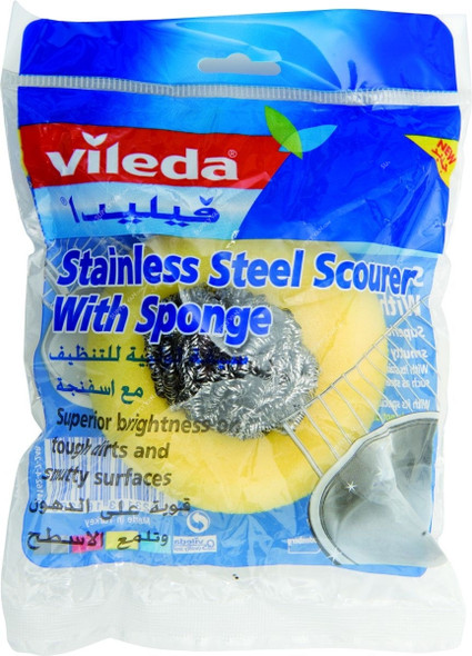Vileda Inox Metallic Spiral Dish Washing Scourer W/ Sponge, VLSC137862, Stainless Steel