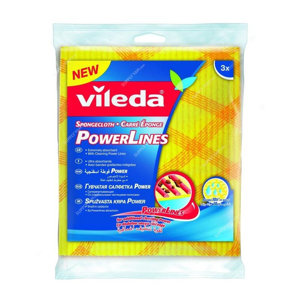 Vileda Power Wiping Sponge Cloth, VLDW139301, Yellow, PK3