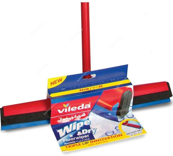 Vileda Wipe and Dry Floor Wiper W/ Stick, VLFC152103A, Foam, 42CM, Red