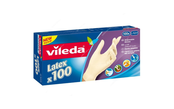 Vileda Disposable Gloves, VLPC139121, Latex, Medium, Beige, PK100