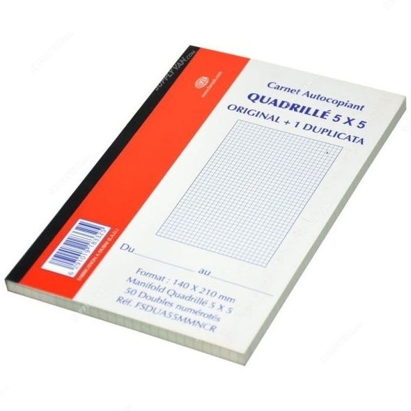 FIS 5MM Square French NCR Paper Duplicate Book, FSDUA55MMNCR, 148 x 210MM, 50 Pages, Red and White