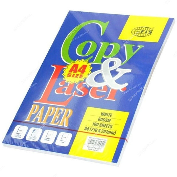 FIS Copy and Laser Photocopy Paper, FSPWA4WH100N, Paper, 80 GSM, 100 Sheets, A4, White, PK100