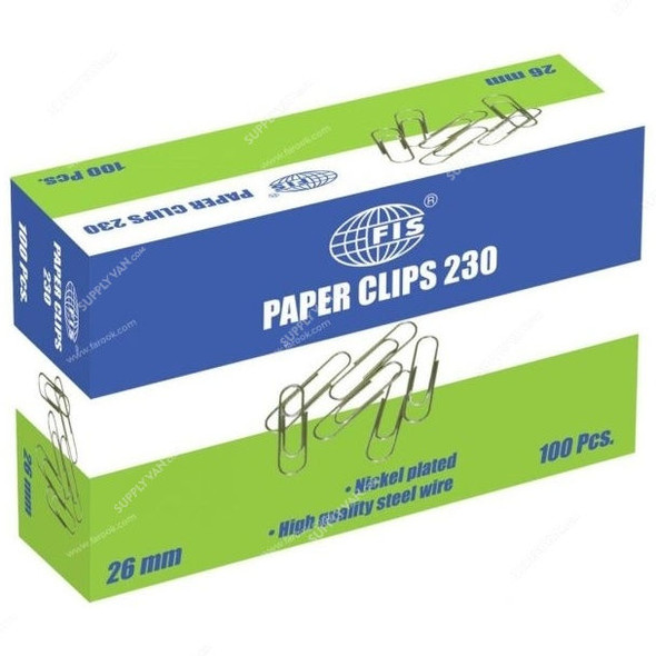 FIS U Shape Paper Clip, FSPS230, Steel, 26MM, PK100