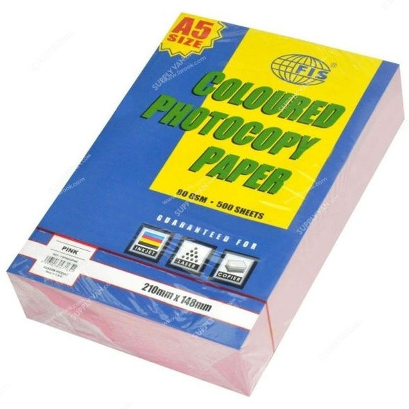 FIS Pastel Color Photocopy Paper, FSPWA5PINE, Paper, 80 GSM, 500 Sheets, A5, Pastel Pink, PK500