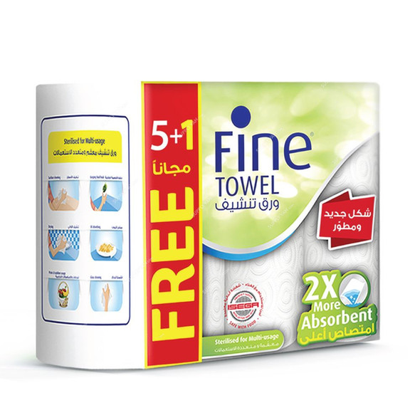 Fine Towel Tissue Roll, 2X More Absorbent, 60 Sheets x 2 Ply, White, PK6