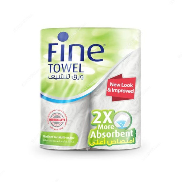Fine Towel Tissue Roll, 2X More Absorbent, 60 Sheets x 2 Ply, White, PK2