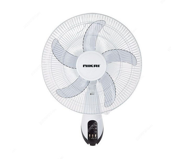 Nikai Wall Fan W/ Remote, NWF1636RT1, 5 Leaf, 16 Inch, White and Grey