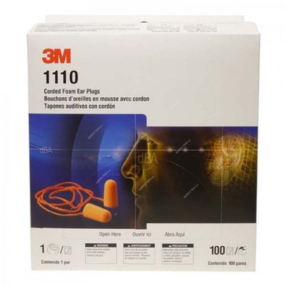 3M Corded Earplug, 3M1110, Polyurethane, Orange, 100 Pcs/Pack