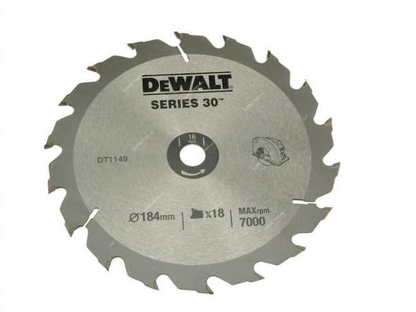 Dewalt Circular Saw Blade, DT1938-QZ, 30 Series, 184 x16MM, 18 Teeth, Silver