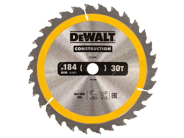 Dewalt Circular Saw Blade, DT1940-QZ, 30 Series, 184 x16MM, 30 Teeth, Silver