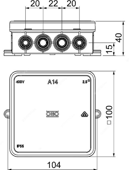 OBO Junction Box, OBO2000378, A14, Polypropylene, IP55, Light Grey