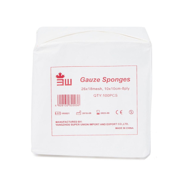 3W Gauze Sponge, NO-22, 8 Ply, 10CM Width x 10CM Length, White, 100 Pcs/Pack