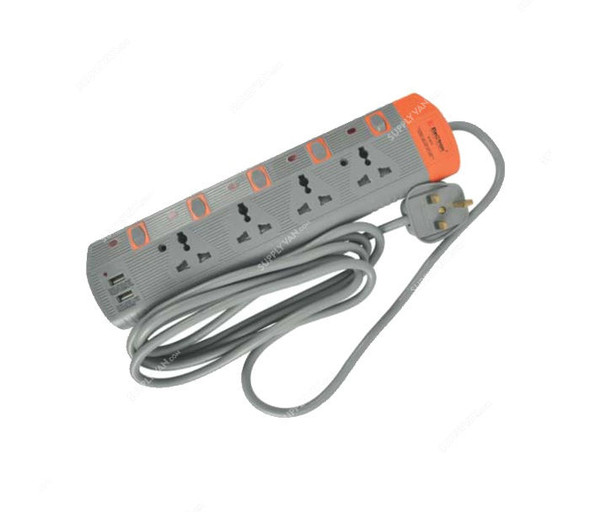 Electron Extension Socket With USB, EL-3010, 3 Mtrs, 4 Way, Grey and Orange