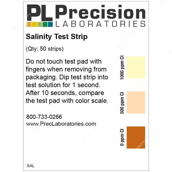 Precision Salinity Test Strip, SAL, 0-1000ppm, 64 x 5MM, PK50