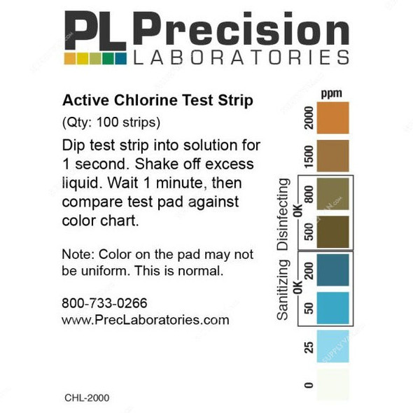 Precision Active Chlorine Test Strip, CHL-2000, 2000ppm, 64 x 5MM, PK100