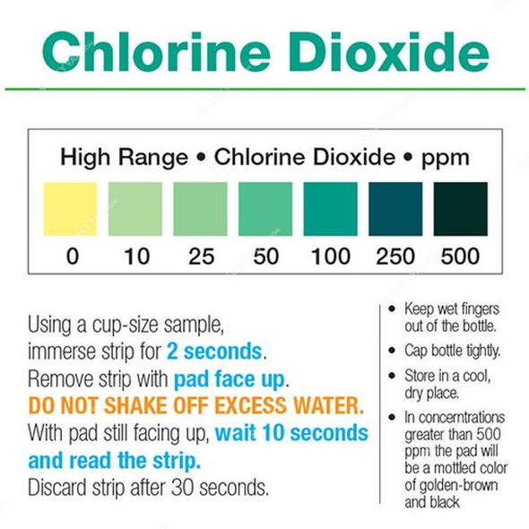 Precision Chlorine Dioxide Test Strip, CHL-D500, 500ppm, 64 x 5MM, PK50